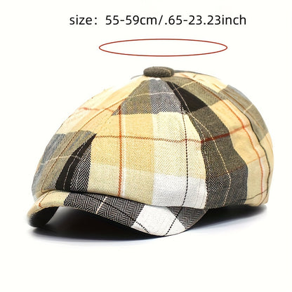 New Plaid Octagonal Hat, Vintage Artistic Newsboy Cap, Women'S Casual Beret, British Style, Lightweight, Non-Stretch, with Random Printing Pattern, for Holida