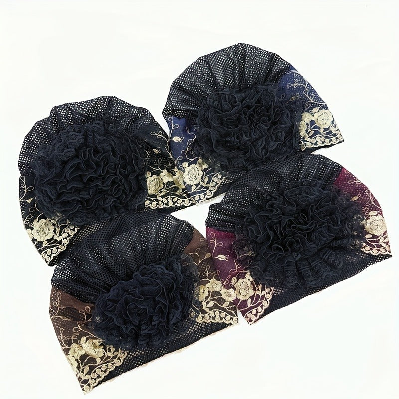 2pcs Women'S Embroidered Floral Breathable Stretch Headwrap | Multi-color Elastic Casual Cute Bohemian Muslim Turban for Hair Covering and Daily Wear