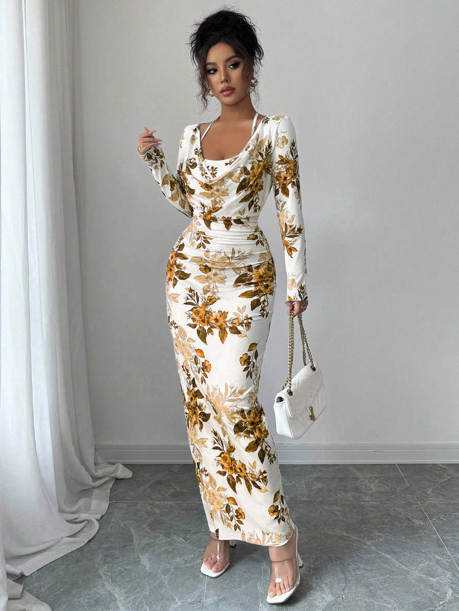 LUCKFOX Women's Clothing 2026 Waist and Thin Spring Early Spring Women's Clothing New Models, Daily Wear, Enjoy Elegant and Beautiful Printed Long Dress Temperament Slim One-word Shoulder Long-sleeved Dress Women Are Now