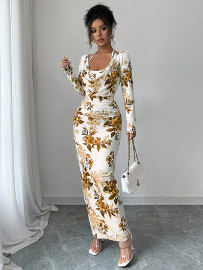 LUCKFOX Women's Clothing 2026 Waist and Thin Spring Early Spring Women's Clothing New Models, Daily Wear, Enjoy Elegant and Beautiful Printed Long Dress Temperament Slim One-word Shoulder Long-sleeved Dress Women Are Now
