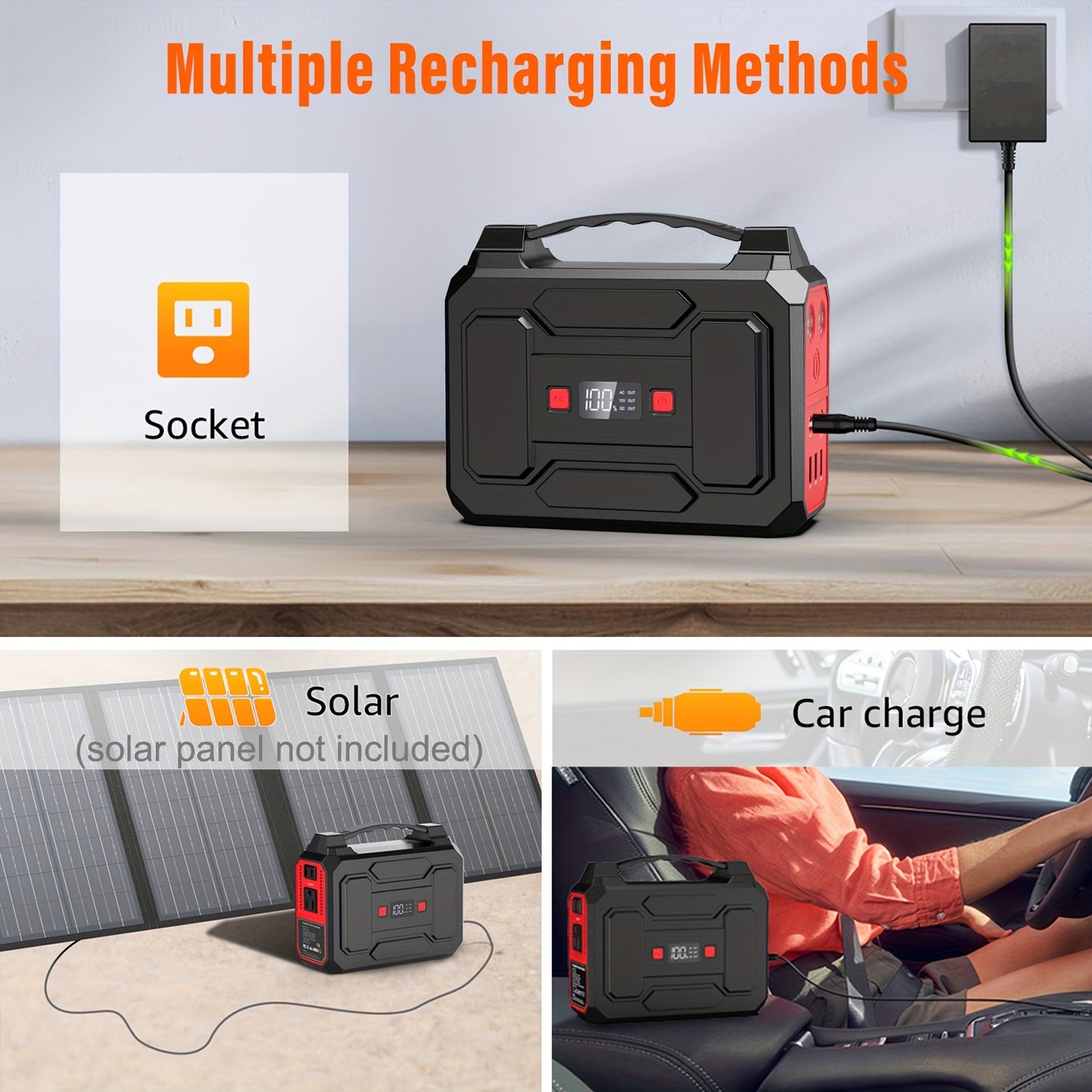 300W/100W Portable Power Station Solar Generator, (Solar Panel Optional), 146Wh/260Wh/296Wh High Capacity Battery Pack, With 2x 110V AC Outlet, DC USB C Port, LED Light, Power Bank For Outdoor Camping Hiking Road Trip Cycling