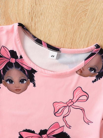 Two Casual, Stylish, And Versatile Round Neck Long-Sleeved Pajamas And Loungewear Sets for Girls, Featuring Random Prints of Girls' Faces, Perfect for Spring And Autumn.
