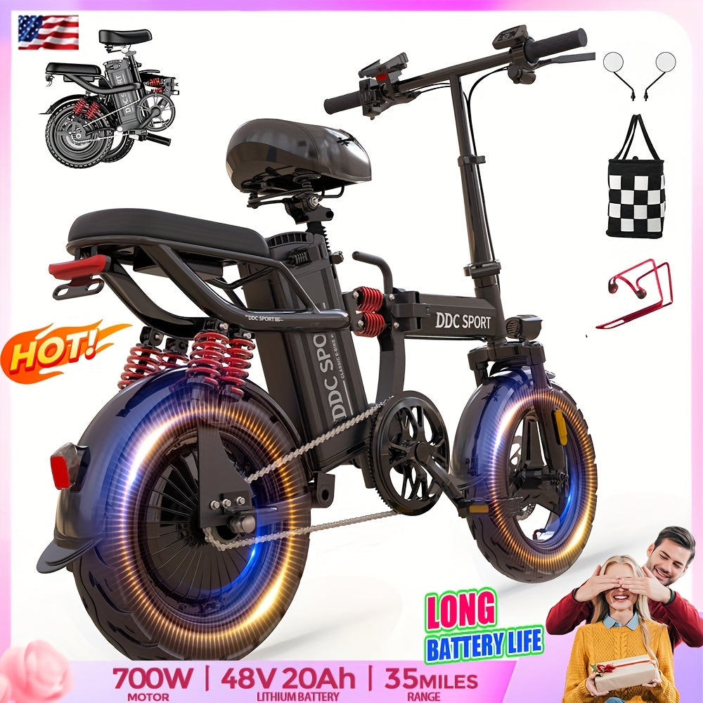 Foldable Electric Bike for Adults, 700W Peak Motor 48V 20Ah Removable Battery Ebike, 35 Miles 32km/h High - Speed, City Commuter, LCD Display, Dual Disc Brakes, for Men & Women (330 Lbs Capacity)