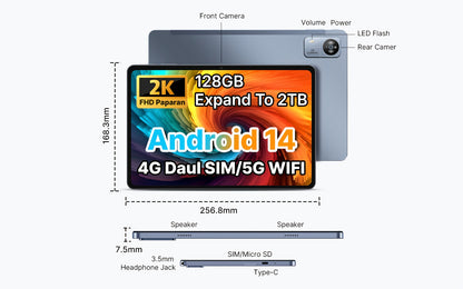 SUXI 2025 New 4G LTE Android 14 Tablet with Calling Capabilities, 10.1-inch FHD In-cell Screen, Octa-core Chip, 12GB RAM + 128GB Storage (expandable Up to 2TB), 5G Wi-Fi, Dual Cameras. Suitable for Gaming, Office Work, Studyi