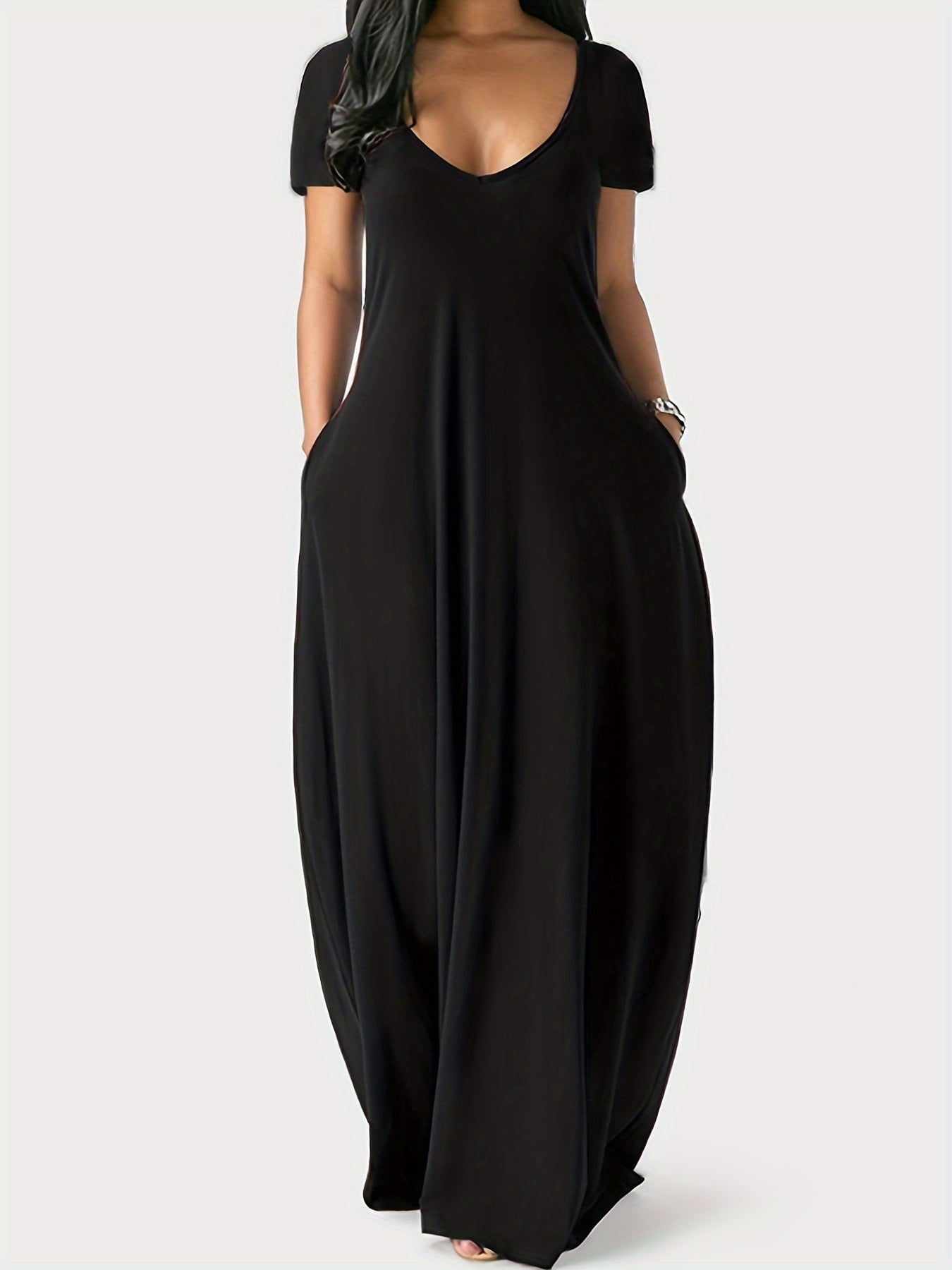Solid Simple Dress, Casual Short Sleeve Maxi Dress With Pockets, Women's Clothing