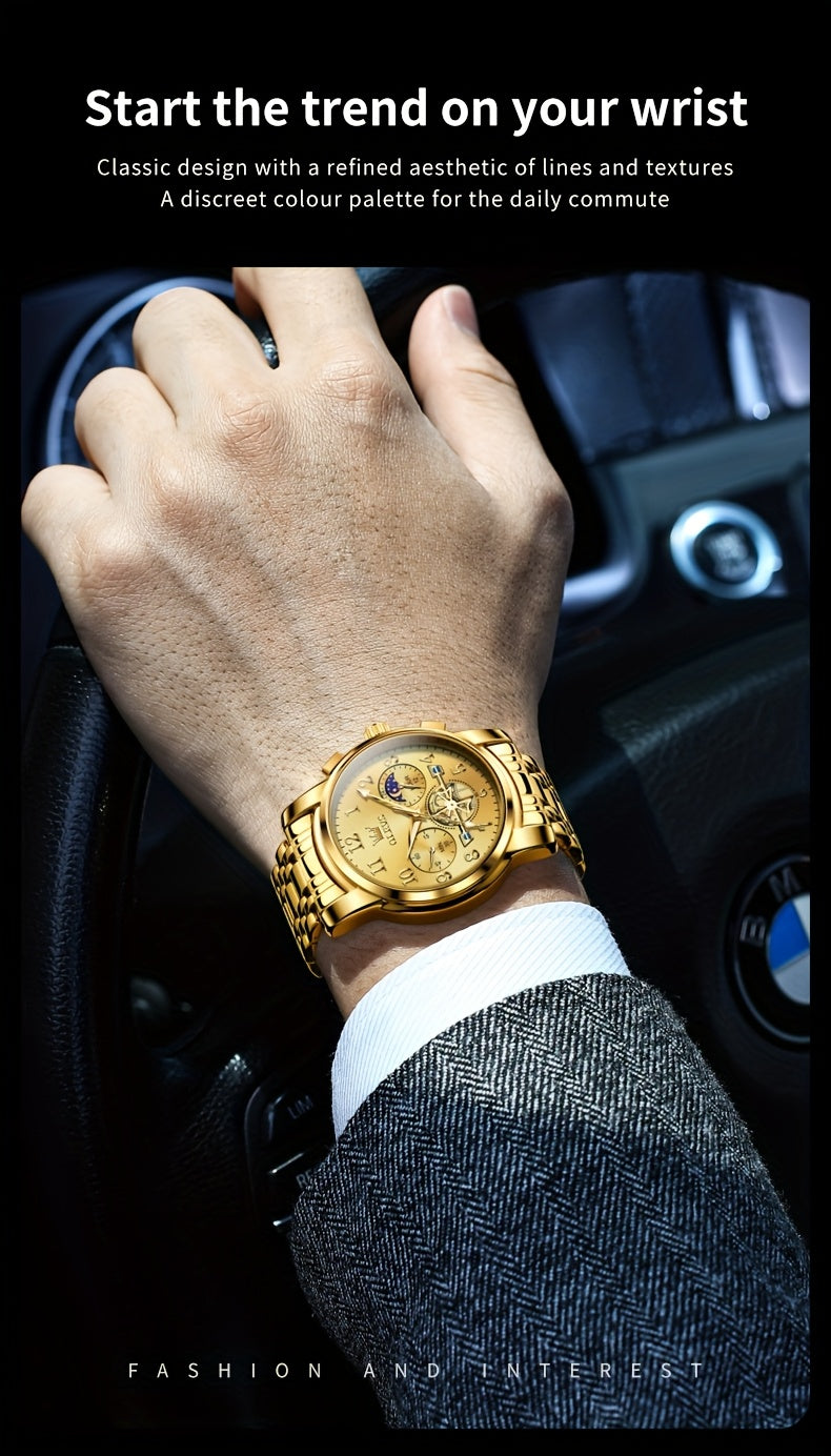 OLEVS Men's Luxury Multifunctional Quartz Watch - Stainless Steel Luminous Analog Watch with Moon Phase, Chronograph, Date/Day/24H Indicator, Golden-Tone & Bracelet for Business, Casual, Casual Attire - Dress Watch