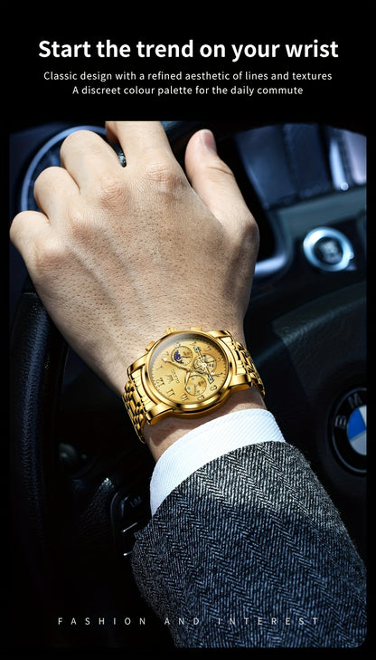 OLEVS Men's Luxury Multifunctional Quartz Watch - Stainless Steel Luminous Analog Watch with Moon Phase, Chronograph, Date/Day/24H Indicator, Golden-Tone & Bracelet for Business, Casual, Casual Attire - Dress Watch