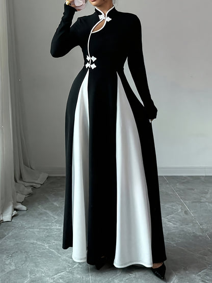 Women'S Elegant Chinese-Inspired A-Line Maxi Dress with Asymmetrical Hem & Stand Collar - Black & White Color Block, Long Sleeve, Round Neck, All-Season Versatile