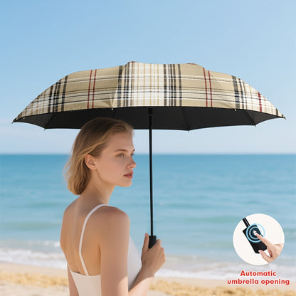 1pc Automatic Open/Close Blocking Umbrella with One-Touch Button, Beige Plaid Checkered Canopy, 10-Rib-like (8-Rib) Frame, Windproof & Portable Compact Travel Umbrella for s, Hiking, Beach, Commuting,  or