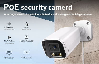 POE gun camera, 8-megapixel camera, full-color night vision, human body detection and one-way audio, outdoor video surveillance camera, RTSP/108°/2.8/mm, IP67 metal shell camera, wired network port connected to NVR, Christma