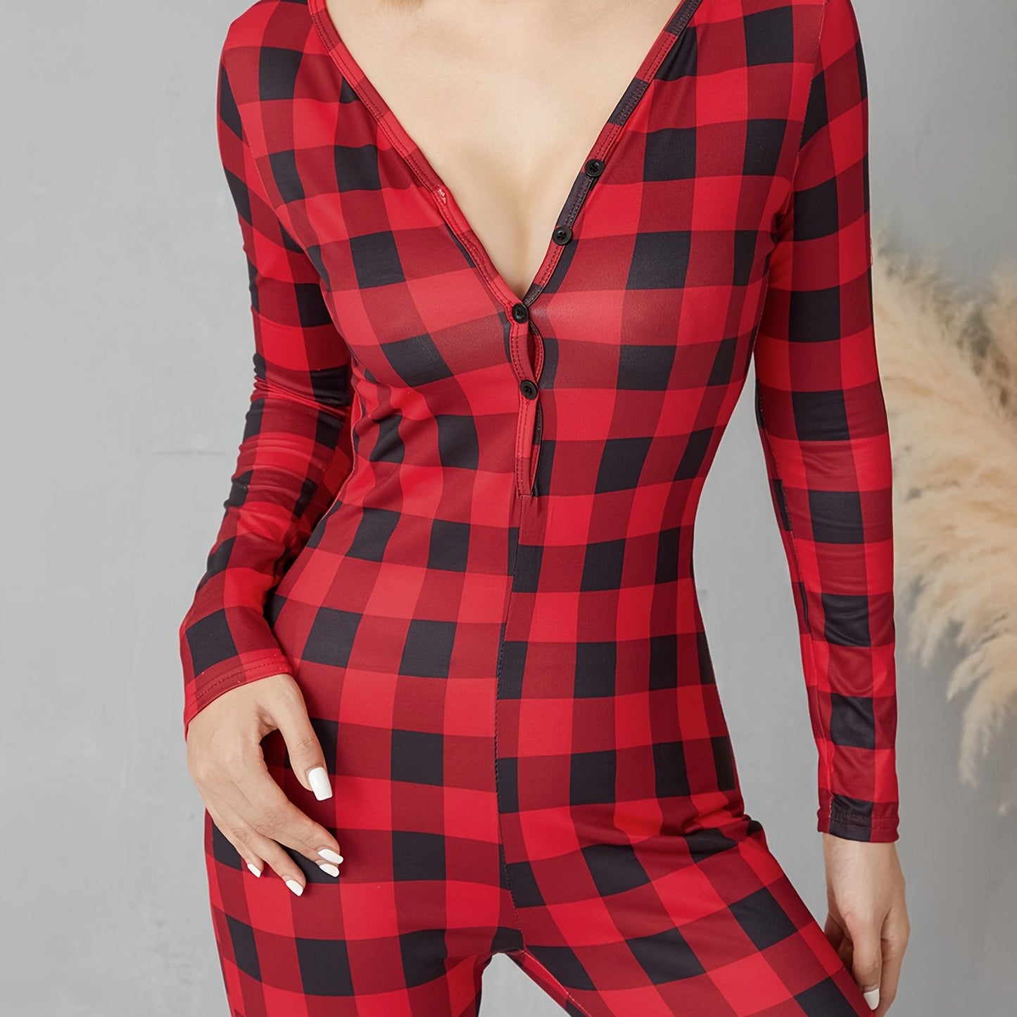 Women's Plaid V-Neck Romper - Casual Long Sleeve Jumpsuit with Elastic Yoga Waist and Button Details, Red, Polyester
