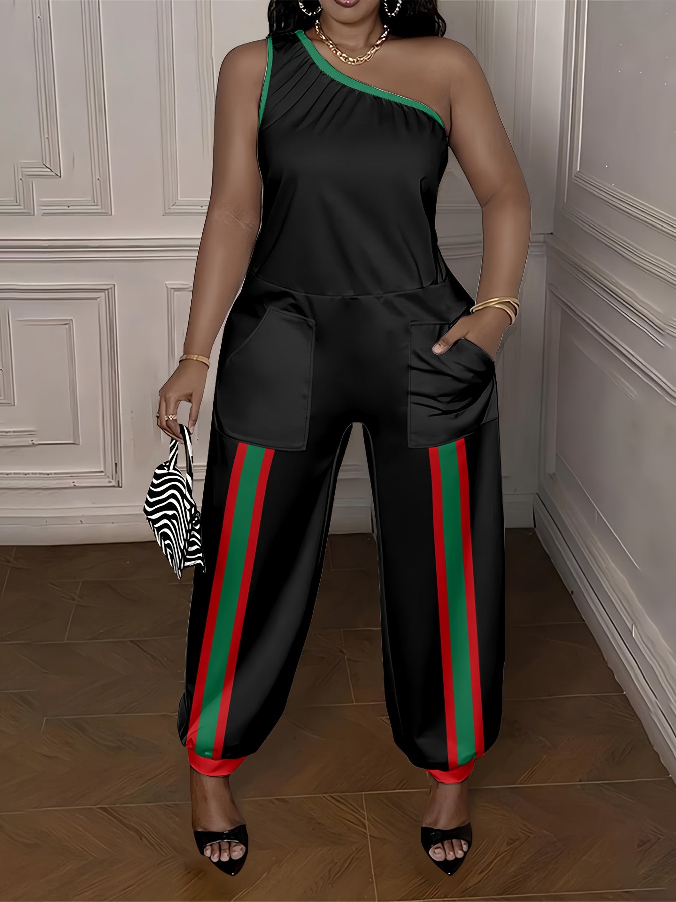Women'S Elegant Off-the-Shoulder Harem Pantjumpsuit - Black & Green Striped Digital Print, Sleeveless Regular Fit Long Length Casual Streetwear for Spring Summer Fall, Versatile Outfit, Comfortable Wear