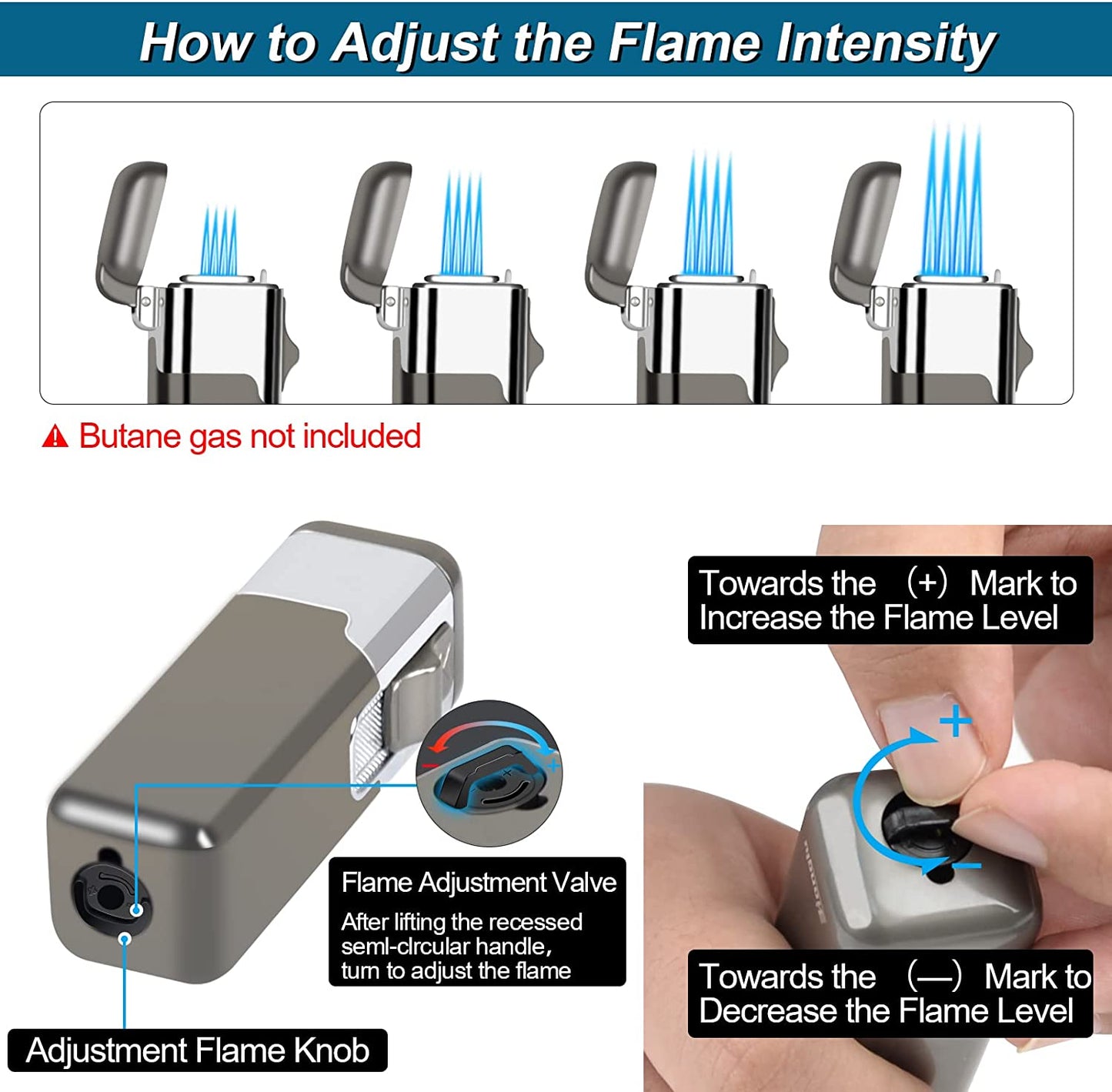 1pc Quad Direct Blow Flame Inflatable Butane Lighter | Adjustable Windproof, Metal, Ideal for Camping, Outdoor, Collections, Gifts, Birthday, Holiday Gifts