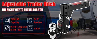 OPENROAD Adjustable Trailer Hitch Ball Mount Fits 2-Inch Receiver, 2" Tow Balls 7500lbs, 9-1/2" Drop/ 8-1/4" Rise Drop Hitch, Tow Hitch for Heavy Duty Truck with Pins And Lock