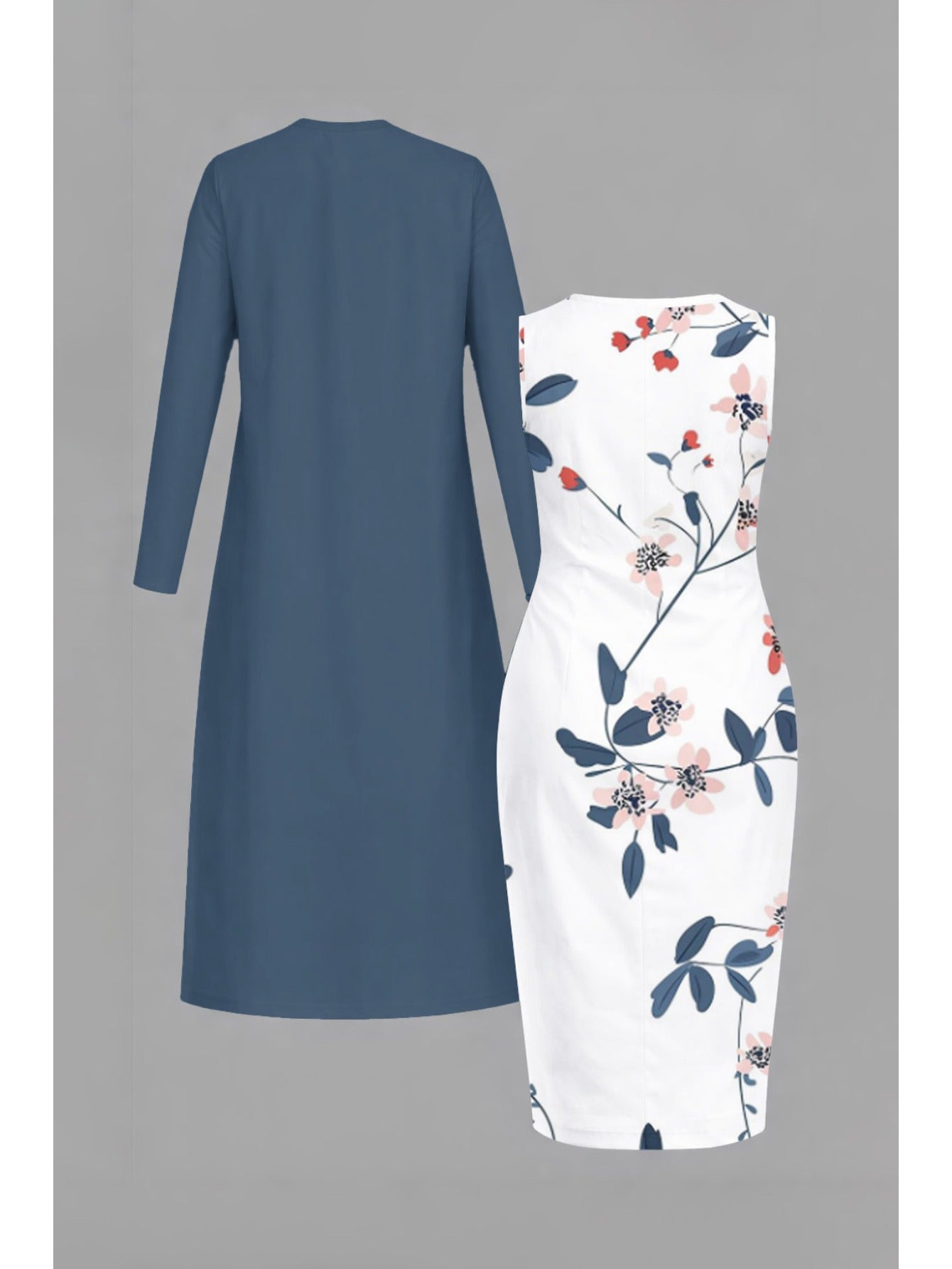 Plus Size, [Hot Item, Plus-Size Dress 2pcs Set] Fashionable, Elegant, and Classy Long Cardigan + Cinched-waist Long Dress Set. A Versatile Casual Outfit Perfect for Holidays, Creating Multiple Styles with One Set. Available i