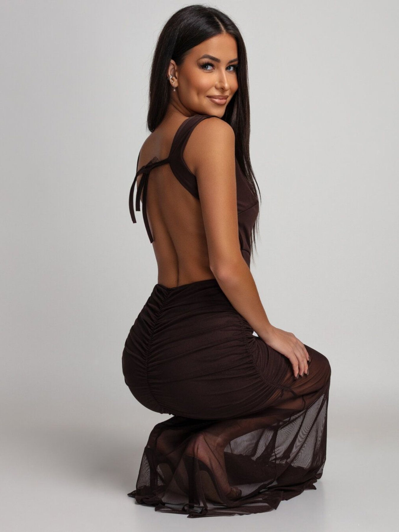 Backless Sleeveless Bodycon Evening Dress - Coffee Color Metallic Floral Pleated Mesh Slit Maxi Skirt Dress Suitable for Dinner Dates, Weddings, Prom, Spring Summer Outfits, Machine Washable Elegant Dress