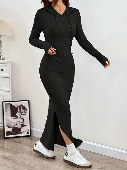 Spring and Autumn New Hooded Long Cross Knee Casual Fashion Dress | Solid Color, Long Sleeve, Bodycon Fit, Slit Hem