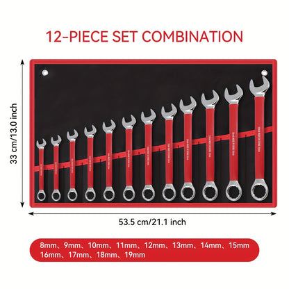 12pcs Heavy-Duty Chrome Vanadium Steel Two-Way Wrench Tool Set with Red Canvas Bag - 6mm-17mm Metric Sizes, 12-Point Box End & Open-End Wrenches, Non-slip Grip Handles For Automotive, for bicycle, Home Repair - Durable Metal