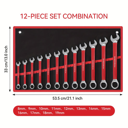 12pcs Heavy-Duty Chrome Vanadium Steel Two-Way Wrench Tool Set with Red Canvas Bag - 6mm-17mm Metric Sizes, 12-Point Box End & Open-End Wrenches, Non-slip Grip Handles For Automotive, for bicycle, Home Repair - Durable Metal