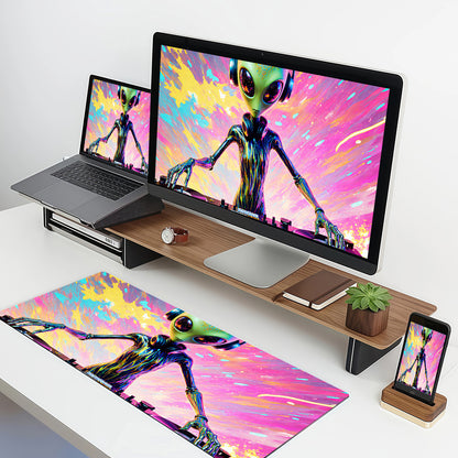 1pc Large Alien DJ Gaming Desk Mat & Mouse Pad - Neon Glow Green/Blue/Pink/Black/Purple, Non-Slip Surface, DJ Turntable Design Computer Accessory for PC/Laptop, Ideal Gift for Gamers & Music Producers