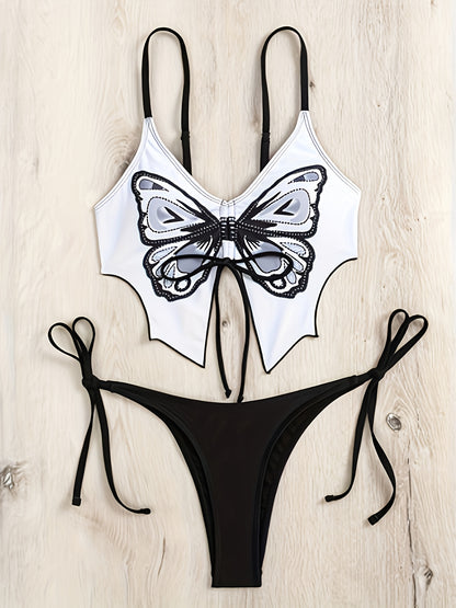 Stylish Two-Piece Swimsuit for Women Featuring a Pink Butterfly Design, Perfect for Beach Vacations