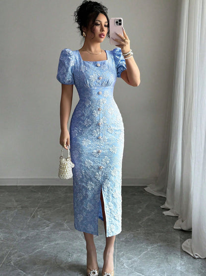 Women's Elegant Square Neck Formal/Party/Casual dress - Waist-Cinching A-Line Midi with Back Zipper, Non-Stretchy Fabric for Wedding, Evening, Vacation - Machine Washable Evening Gown