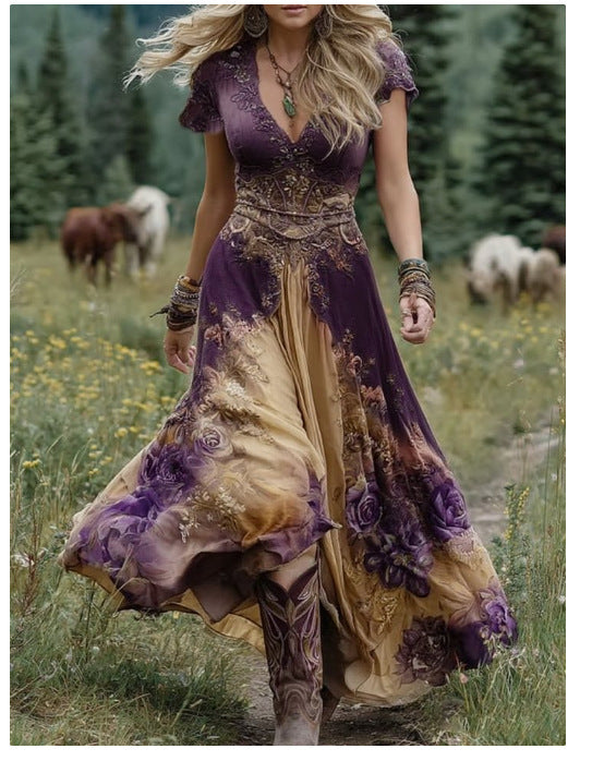 Women's Bohemian A-Line Midi Dress with Pockets - Short Sleeve V-Neck Blue Purple Pink Green Floral print Dress, Lightweight Breathable Fabric Suitable for Spring Summer Fall, Casual to Semi-Formal Occasions