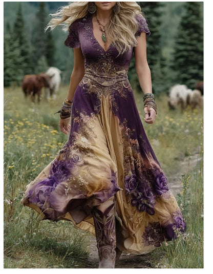 Women's Bohemian A-Line Midi Dress with Pockets - Short Sleeve V-Neck Blue Purple Pink Green Floral print Dress, Lightweight Breathable Fabric Suitable for Spring Summer Fall, Casual to Semi-Formal Occasions