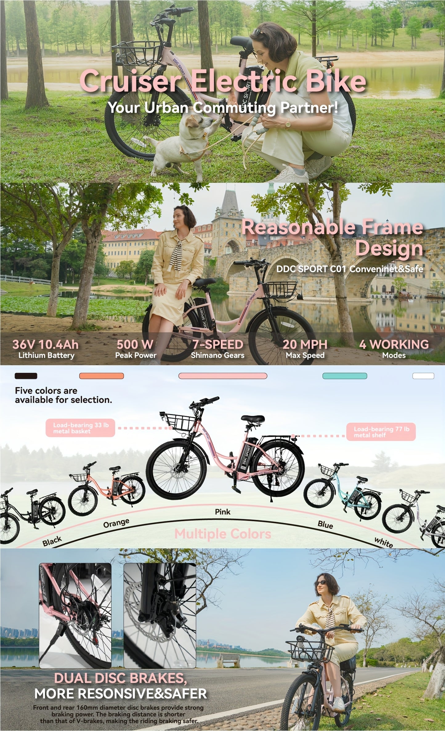 Cruiser Electric Bike For Women, 500W Motor 36V/10.4Ah Removable Battery, 25-40 Miles 20MPH, 24 Inch Electric Bike High-Carbon Steel Frame, 7-Speed With Front Basket -Beach Commuter Ebike For Adults, Ebike With Basket, Sakura