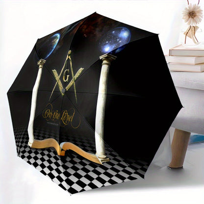 Masonic Symbolism Umbrella - Cute Cartoon Masonic Emblem Foldable Umbrella with Durable Iron Frame, 8-Rib Structure, Automatic Open, All-Season Multi-Functional for Home, Travel & Outdoor Use, Stylish Black & Golden Design, O
