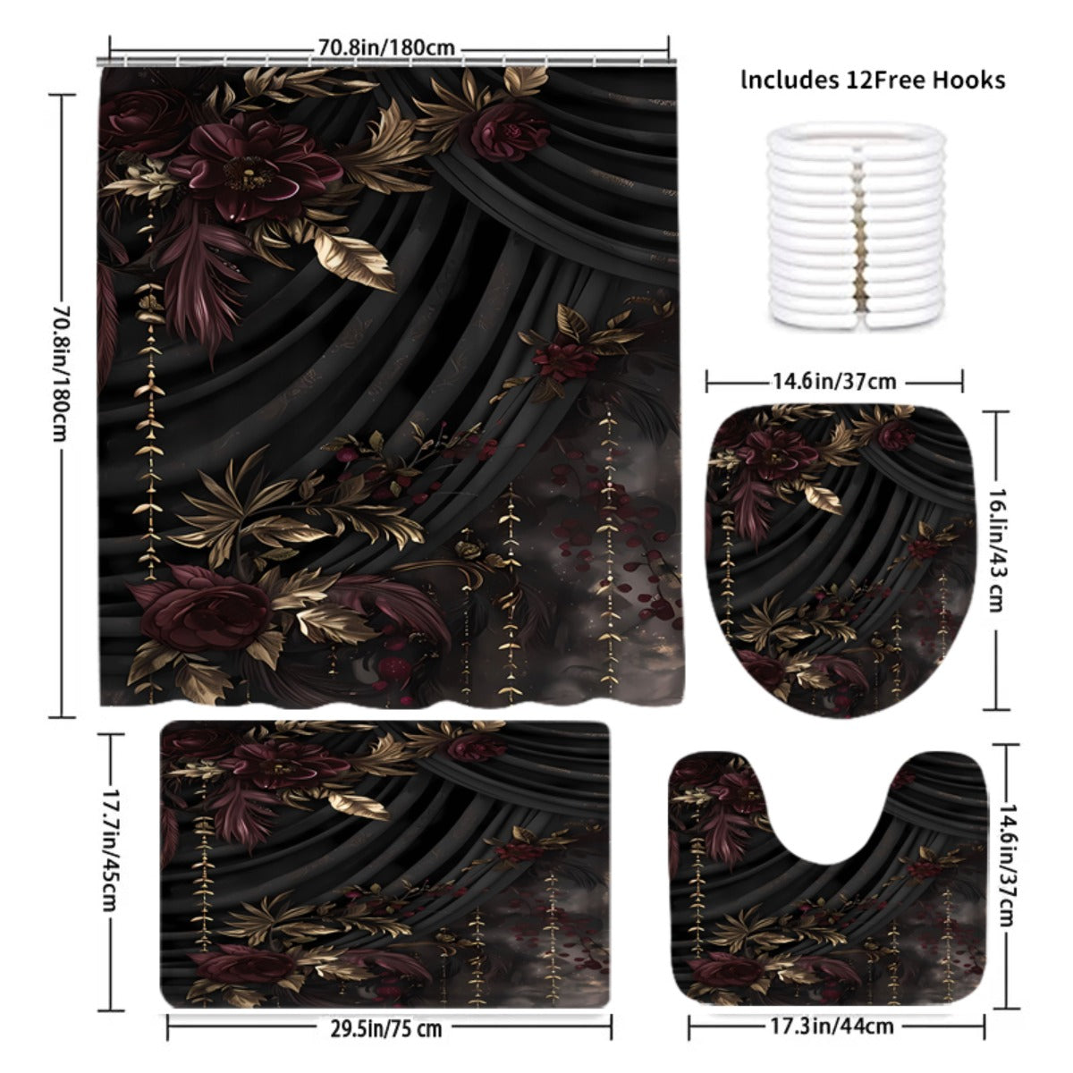 A Set of 1-4 Gold-Plated Rose Design Shower Curtains for The Bathroom, Complete with 12 Hooks, a Non-Slip Bath Mat, a U-Shaped Toilet Pad, a Toilet Seat Cover, And Decorative Items for The Bathroom, Ideal for Shower Curtain S