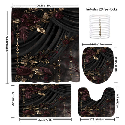 A Set of 1-4 Gold-Plated Rose Design Shower Curtains for The Bathroom, Complete with 12 Hooks, a Non-Slip Bath Mat, a U-Shaped Toilet Pad, a Toilet Seat Cover, And Decorative Items for The Bathroom, Ideal for Shower Curtain S