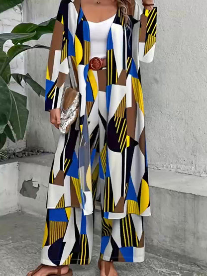 Plus Size, Two Piece Set Cardigan Wide Leg Pants Geometric Print Color Block Loose Fit Casual Style