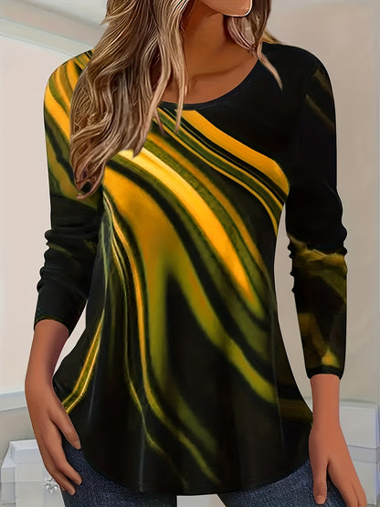 Women'S Relaxed Fit Geometric Stripe Print Round Neck Long Sleeve T-Shirt - Soft Plush Fabric, Black & Red Horizontal Stripes, Spring/Autumn Layering Essential, Casual to Semi-Formal Versatile Top, Comfortable Everyday Basic