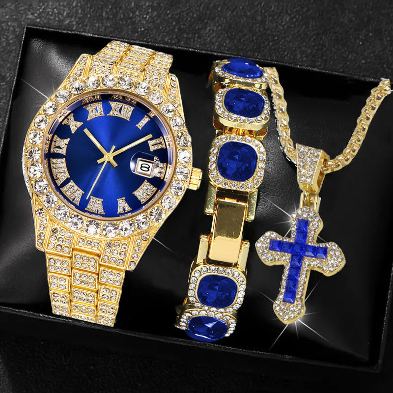 [Men's Watch Set] Luxury Men's Watch Set, Including Artificial Gemstone Bracelet and Cross Necklace, Roman Numeral Watch, Inlaid with Artificial Rhinestones, Perfect Gift for Men, Party Essentials