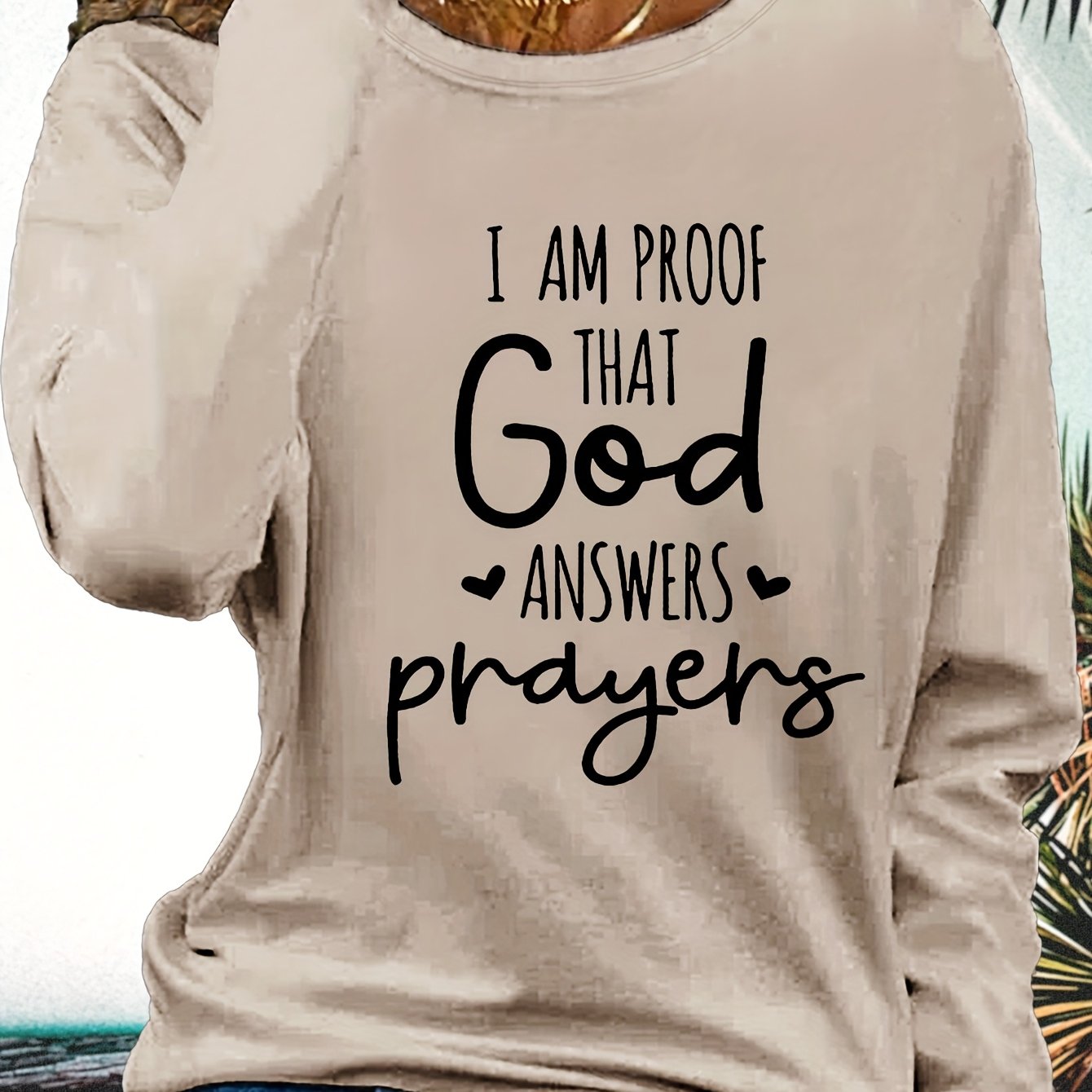 Women's Faith T-Shirt - "I Am Proof God Answers Prayers" Verse Print, Blue Long Sleeve Crew Neck Casual Top, 180gsm Heavyweight Religious Apparel for Church, Casual Attire & Prayer Outfits