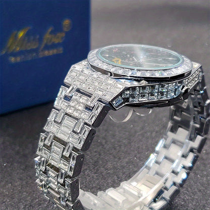Automatic Hollow Mechanical Watch Men'S Tourbillon Mechanical Watch Luxury All Rhinest Glass Transparent Bottom Men'S Watch Gift, Without Battery