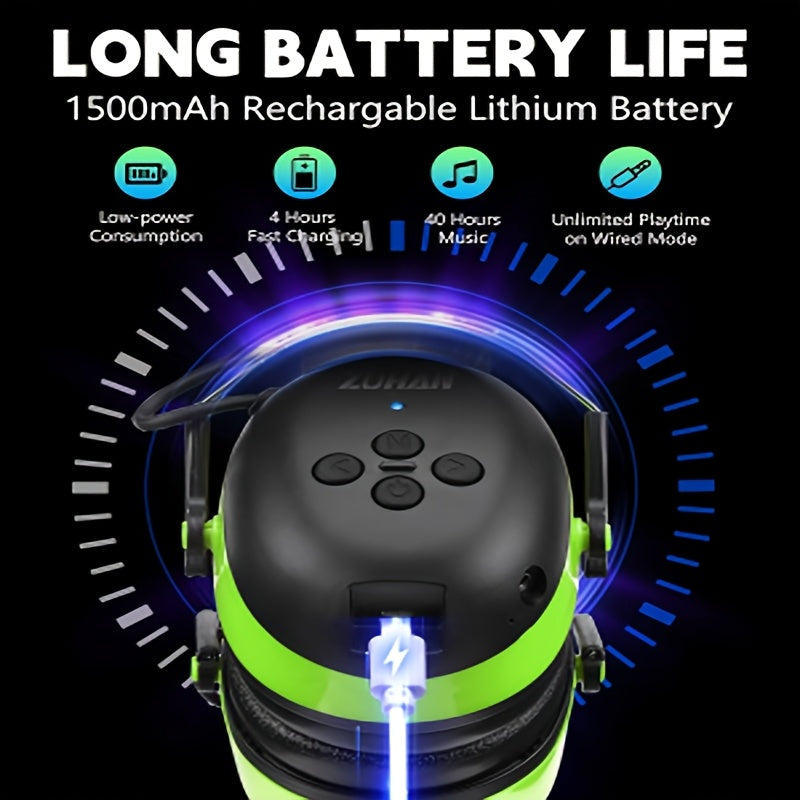 ZOHAN Upgraded Electronic Wireless Headset, NRR25db, Suitable For, Outdoor Sports, Mowing, Work, Cycling, Noise Cancelling Ear Protector With 1500mAh Rechargeable Battery Extra Long Standby For 40 Hours Comfortable Noise-canc