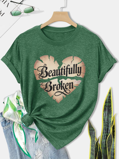 Women'S Olive Green Butterfly & Heart Print "Beautifully Broken" T-Shirt - Casual Streetwear Round Neck Short Sleeve Top, Breathable All-Season Comfort Fit for Gym, Training & Casual Attire with Motivational Slogan Design, Lo