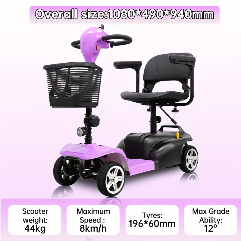 Mobility Aids for The, Four-wheel Foldable Mobility Scooters for Adults, 250w 12V, 12ah 15 Mile Long Range, with LED Headlights And A Detachable Storage Basket. Comes with A Tool Kit, Charger, And Instruction Manual.