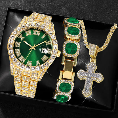 [Men's Watch Set] Luxury Men's Watch Set, Including Artificial Gemstone Bracelet and Cross Necklace, Roman Numeral Watch, Inlaid with Artificial Rhinestones, Perfect Gift for Men, Party Essentials