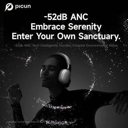 Picun F8Pro Wireless Over-Ear Headphones with 52dB Hybrid ANC, Hi Res Audio, 140H Playtime, Dual Device Pairing, 5 Mic ENC & Detachable Fabric Cushions All Day Comfort for Work & Travel, Picun