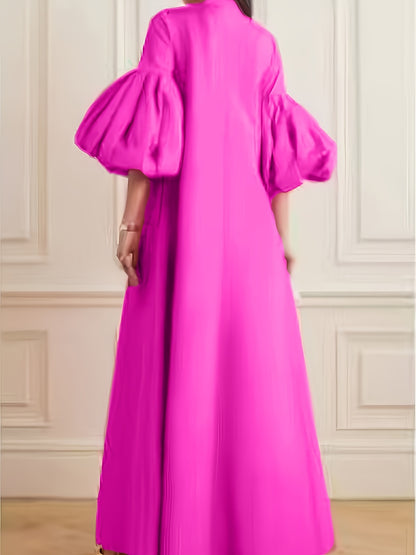 Women's Elegant A-Line Dress with Lantern Sleeves - High Neck Sleeve Solid Color Machine Washable Spring Summer Fall Casual & Formal Wear, Maxi Dress with Sleeves, Seasonal Wardrobe, Lightweight Material, Stylish Women
