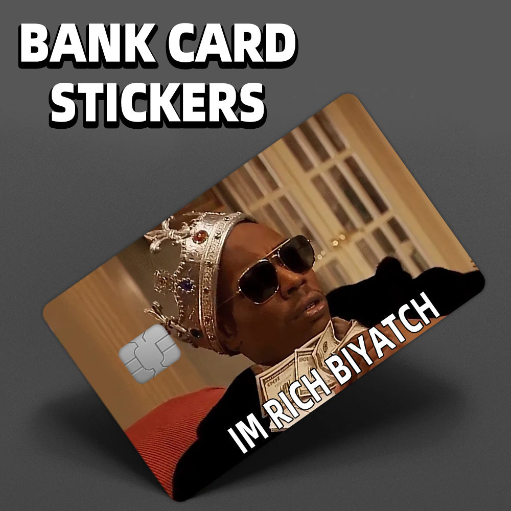 4pcs Waterproof PVC Card Skins - Funny "I'M RICH BIYOTCH" Golden Card Design Stickers | Scratch-Resistant, Non-Slip Glossy-like for Credit/Debit Cards & Keychains | Ultra-Thin Durable Disposable VIP-Style Protectors (Matte Vi