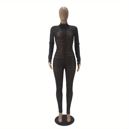 Women's Sexy One-Piece Outfit - Non-Transparent Long Sleeve Jumpsuit, Machine Washable Party & Everyday Jumpsuit for Women (S-XXL) - D9459