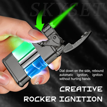 Butane Lighter with a Green Flame, a Versatile Featuring a Visible Window, Adjustable Flame Size, Wind-Resistant Design, Rocker Arm Ignition, And a Metal Casing. It'S a Stylish, Refillable Lighter That Does Not Include Butane