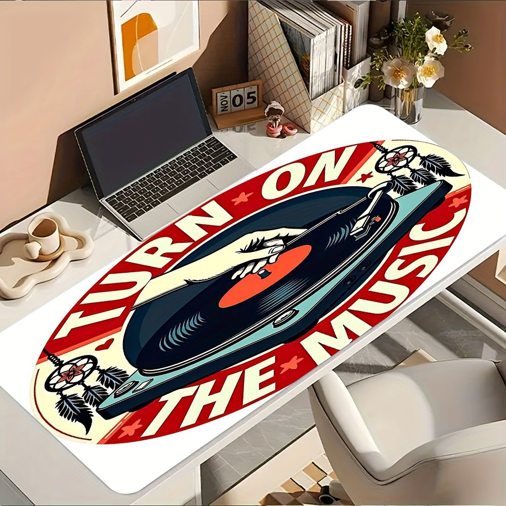 1pc Music-Themed Gaming Mouse Pad & Desk - Vinyl Record & DJ Turntable Design with "Turn On The Music" Slogan, Non-Slip Rubber Base, Full Keyboard & Mouse Coverage for PC/Laptop, Durable Thick Surface for E-Sports, DJ Setup,
