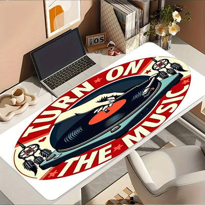 1pc Music-Themed Gaming Mouse Pad & Desk - Vinyl Record & DJ Turntable Design with "Turn On The Music" Slogan, Non-Slip Rubber Base, Full Keyboard & Mouse Coverage for PC/Laptop, Durable Thick Surface for E-Sports, DJ Setup,