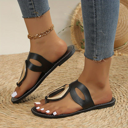 Women'S Roman Sandals with Metallic Buckle Strap - Slip-On Open-Toe Flat Sandals, PU Synthetic Cover Upper & Sole, Comfortable Casual Shoes for Casual Attire, Strappy Sandals, Everyday Footwear, Durable Footwear, Stylish Foot
