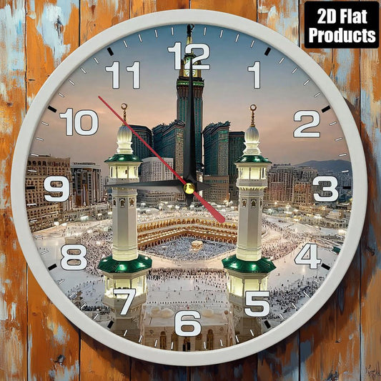 1pc Islamic Holy Land Themed Round Wall Clock - Kaaba in Mecca Design with Arabic Calligraphy & English Numerals, 9.8 Inch Artificial Wood Silent Non-Ticking Clock for Home, Office, Ramadan & Hajj Decor (AA Battery Operated,